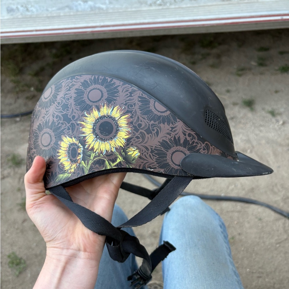 Black and Brown Riding Helmet with Sunflower Design - Picture 3 of 4